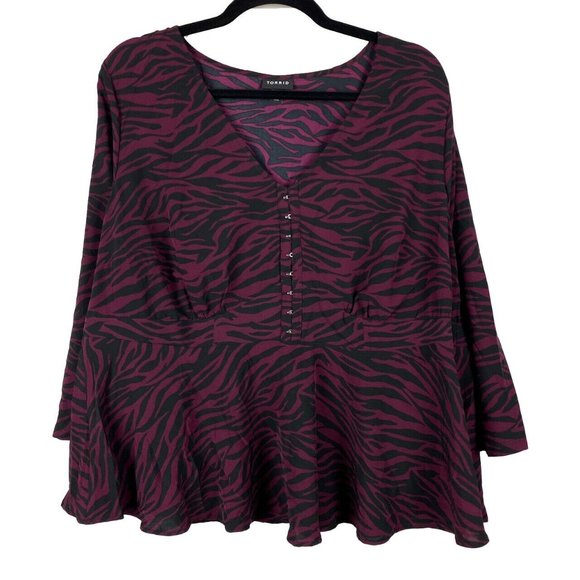 Torrid Burgundy Purple Zebra Midi Peplum Top Size 2X - Picture 1 of 9